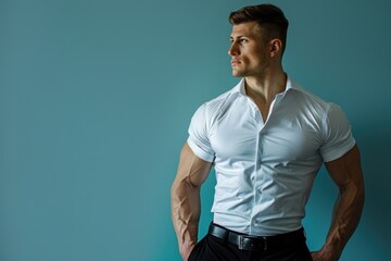 Fit man with a muscular build confidently standing against a solid color backdrop, blending professionalism and physical strength in a dynamic, powerful pose