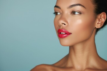 Fototapeta premium Cropped shot of an elegant woman presenter with lipstick, blending feminine beauty and style, set against a simple solid color backdrop, focusing on the details
