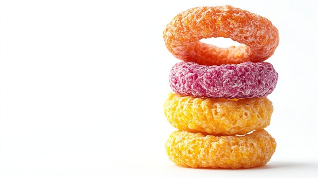 Colorful Breakfast Rings Pile Isolated Fruit Fruity Cereal Rings Colorful Corn Cereals on White Background : Generative AI