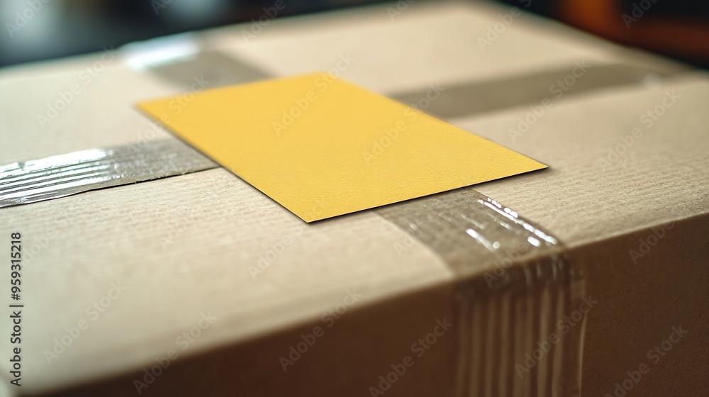 Poster a closeup of a cardboard box with a large yellow adhesive label : generative ai