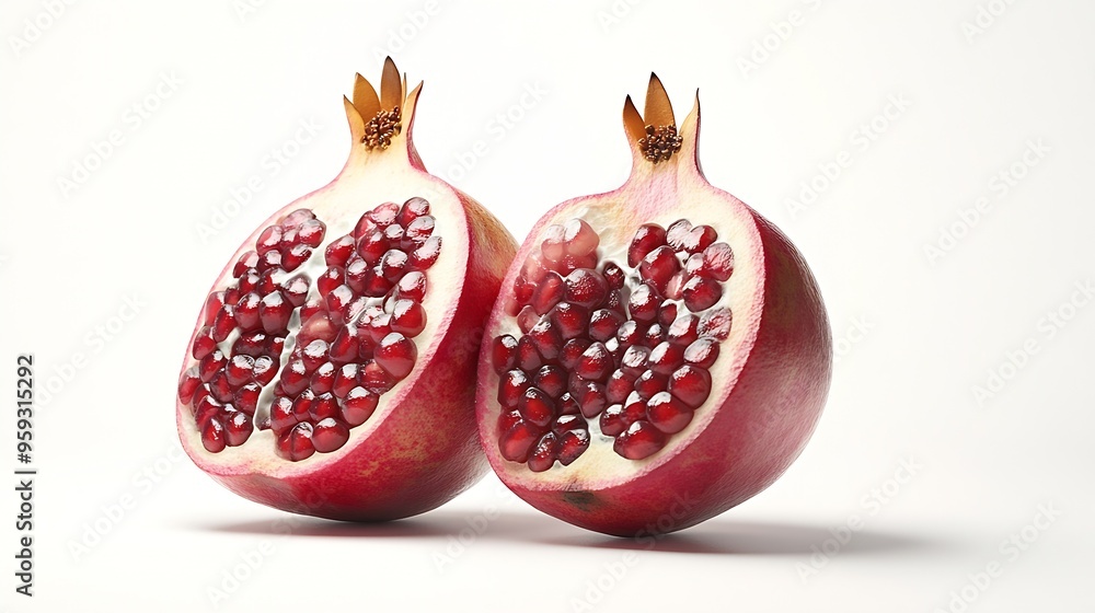 Poster Pomegranate with cut in half isolated on white background : Generative AI