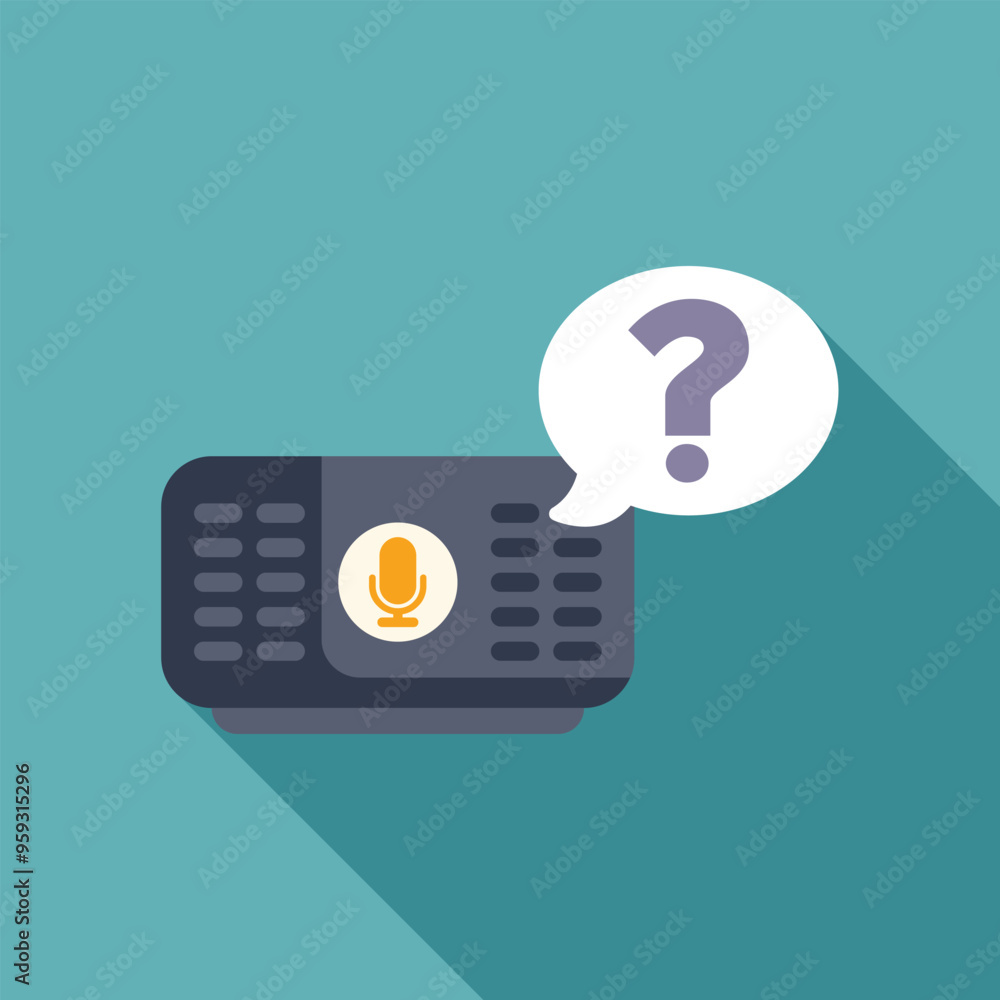 Poster modern projector with a microphone button and a question mark in a speech bubble