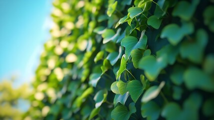 Obraz premium A wall covered in green vines The vines are growing up the wall and are reaching out to the sky : Generative AI