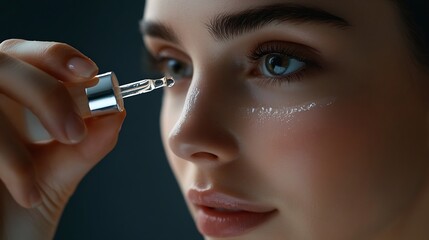 Fototapeta premium Cropped shot of a young woman applying antiwrinkle serum to the skin on cheek with a dropper on dark gray background Nourishing moisturizing cosmetic serum Cosmetology beauty concept F : Generative AI