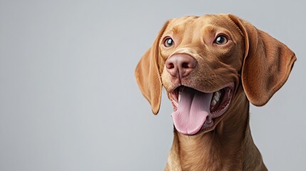 Closeup of Hungarian Vizsla dog with tongue out looking away against white studio background Playful friendly expression Concept of pet lovers animal life grooming and veterinary Copy  : Generative AI