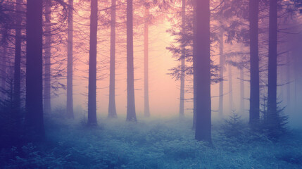 Fototapeta premium A tranquil misty fir forest scene with a vintage retro filter, featuring soft colors and a dreamy, atmospheric fog.