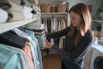 A woman in a cozy laundry room, stacking folded clothes neatly on a shelf, enjoying the sense of accomplishment from a well-done laundry job