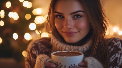 Young woman with cup of hot cocoa at home in evening : Generative AI