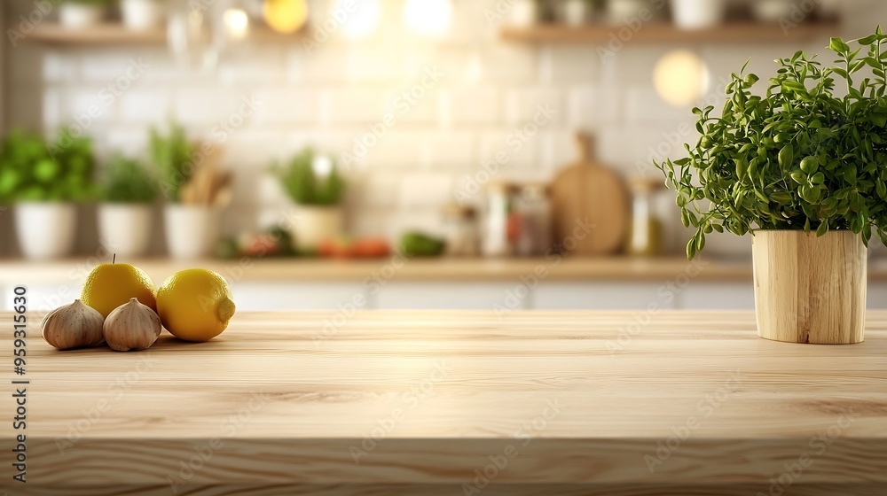 Aufkleber kitchen table background wood counter top on blur of white clean abstract home interior with bokeh u