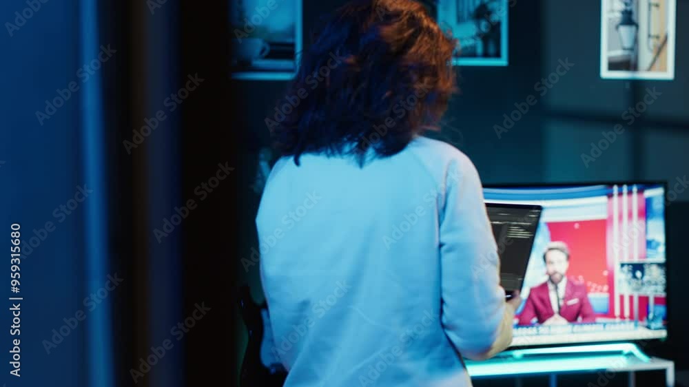 Aufkleber woman walking in apartment designing and developing software applications using laptop. it professio