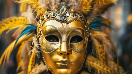 A golden Venetian mask with feathers, a mysterious and elegant accessory for a masquerade ball.