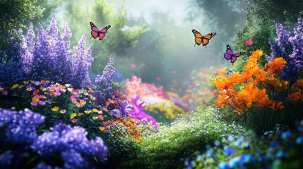 Beautifully arranged flower garden with a rainbow of colors and butterflies enjoying the scene