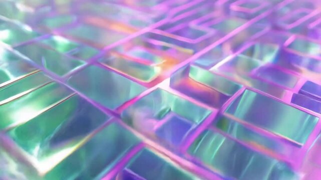 a digital rendering of an abstract maze made from glass, the colors are pastel rainbow and white