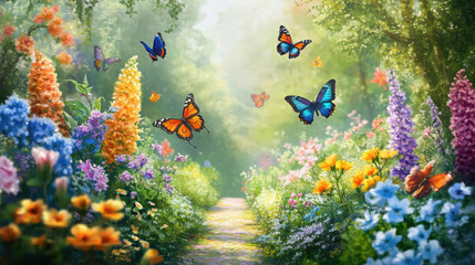 Stunning flower garden with rows of vibrant colors and butterflies adding a touch of magic