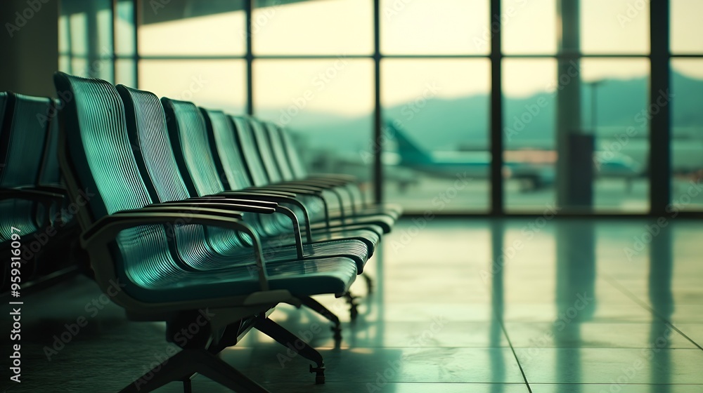 Aufkleber Row of chairs at airport lounge airport lobby with no one and have windows at the back of image Seats for tourist are waiting for boarding flight at the gate : Generative AI