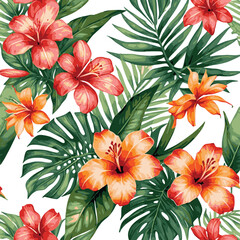 Colorful tropical flowers and leaves form a seamless pattern