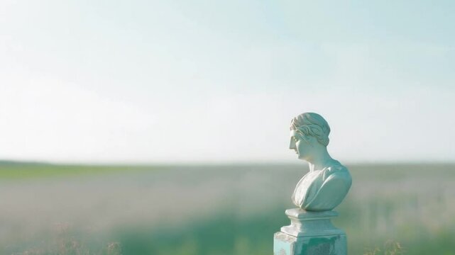 A classic plaster bust in the center of a tranquil meadow, with a light blue sky.