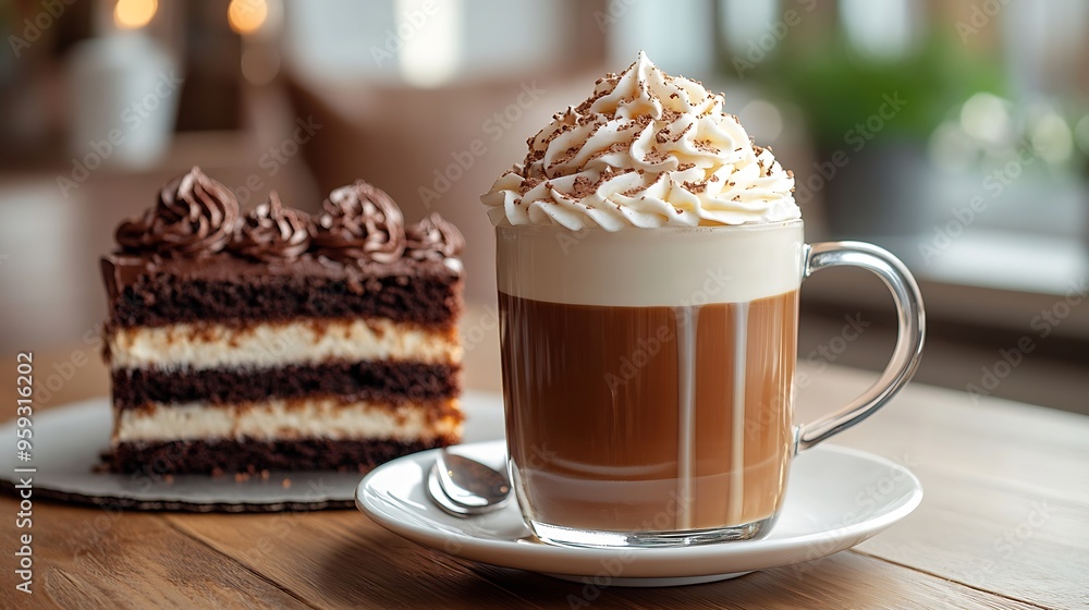 Poster cup of a fresh caramel latte with whipped cream on the table and chocolate cake : generative ai