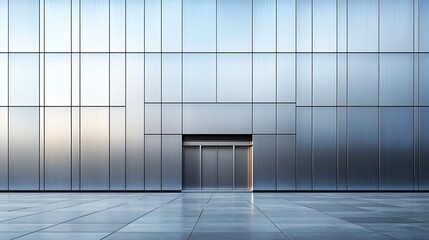 Frontal view of a silver metal facade with a street in the foreground Empty urban scene : Generative AI
