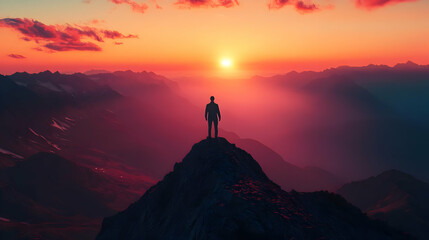 A lone hiker stands on a mountain peak at sunset, with the sun setting behind him and the valley spread out before him.