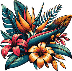 Colorful tropical flowers and leaves form a seamless pattern