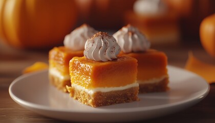 Pumpkin cheese bar slice with vanilla sweet cream topping layered white cream