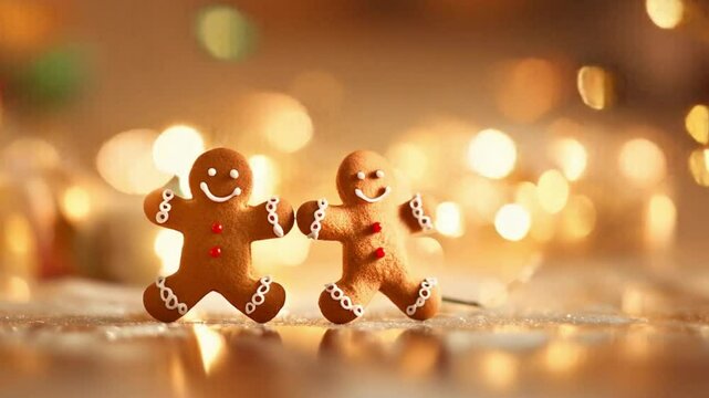 Two gingerbread men stand cheerfully in front of a decorated Christmas tree, embodying holiday spirit and joy