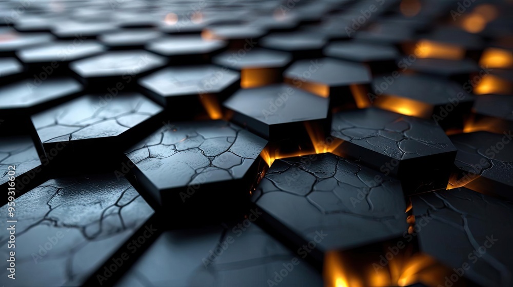 Poster intricate geometric structures featuring illuminated sections in a dark setting.