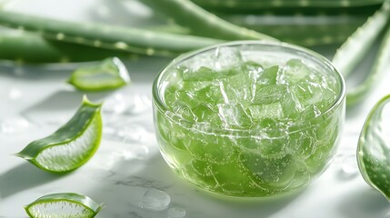 Obraz premium Aloe vera plant leaves gel skin care products on white top view Natural organic aloe vera cosmetics for face and body care : Generative AI
