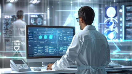 A 3D render of a doctor reviewing lab results on a computer screen, showcasing their use of digital diagnostics. The advanced technology and focused expression emphasize their analytical skills.