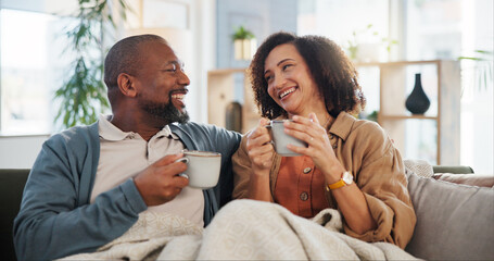 Relax, smile and coffee with mature couple on sofa for bonding, marriage and romance. Happiness,...