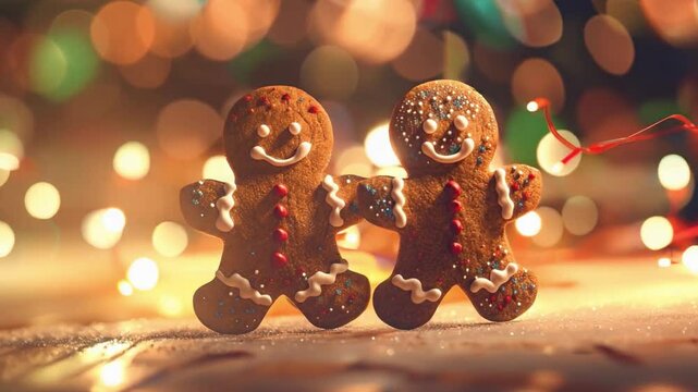 Two gingerbread men stand cheerfully in front of a decorated Christmas tree, embodying holiday spirit and joy
