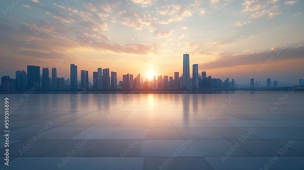 Poster empty floor and modern city skyline with buildings at sunset : generative ai