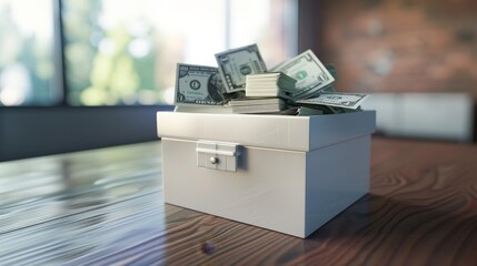 A 3D rendering of a charity donation box filled with money, representing generosity, community support, and social responsibility.