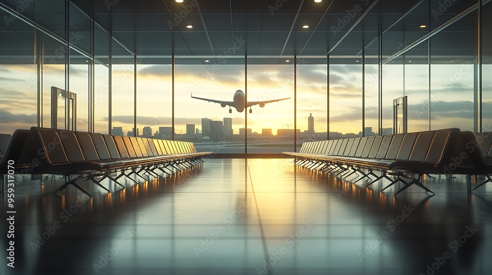 Aufkleber airport terminal interior with rows of empty seats city view and a flying by airplane 3d rendering :