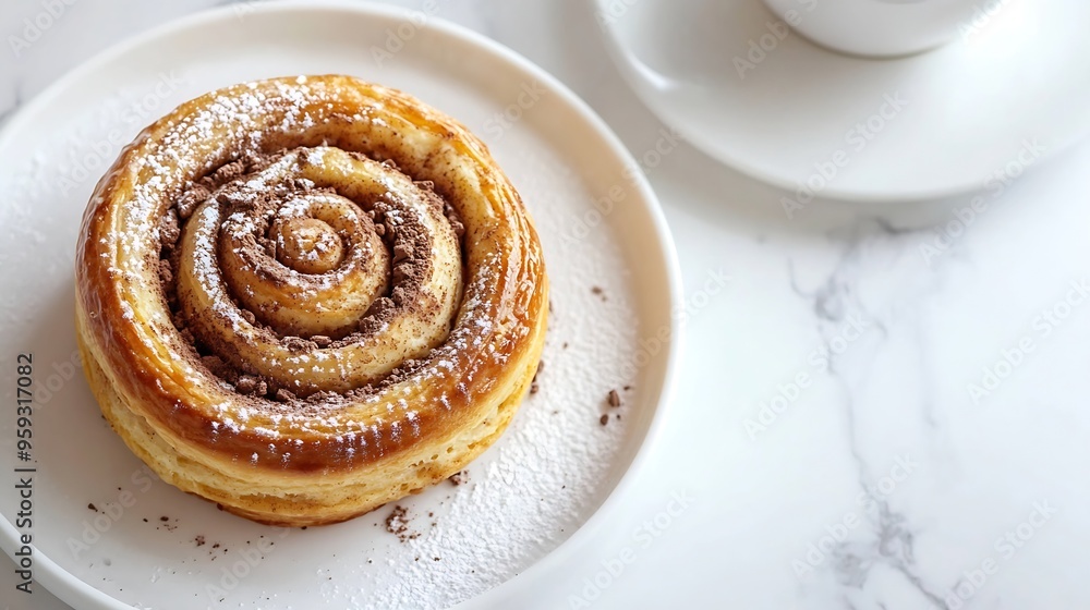 Poster freshly baked cinnamon roll with spices and cocoa filling and coffee or cappuccino on white serving 