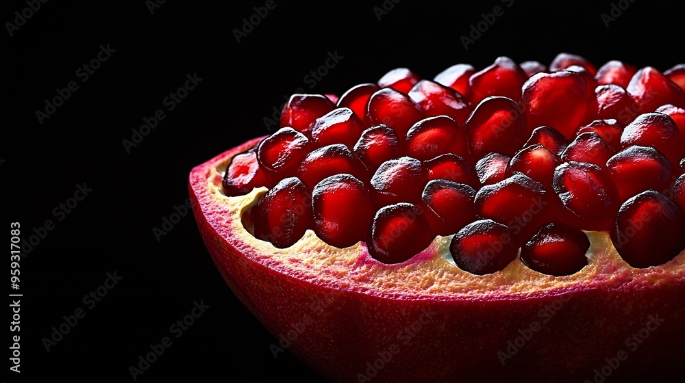 Poster artistic close up macro tropical open pomegranate with seeds also called punica granatum photographe
