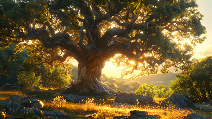 Obraz premium Sunlit Ancient Oak Tree in a Lush Forest - 3D Illustration