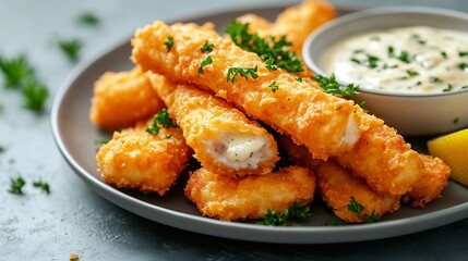 Fish fingers sticks on a plate with parsley lemon and tartar sauce on a gray texture Copy space : Generative AI
