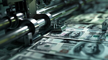 A 3D scene of a banknote printing press in action, producing sheets of currency, representing the process of money creation and the economy.