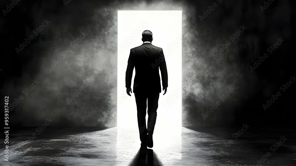 Poster A man in a suit walks towards a bright light at the end of a dark hallway.