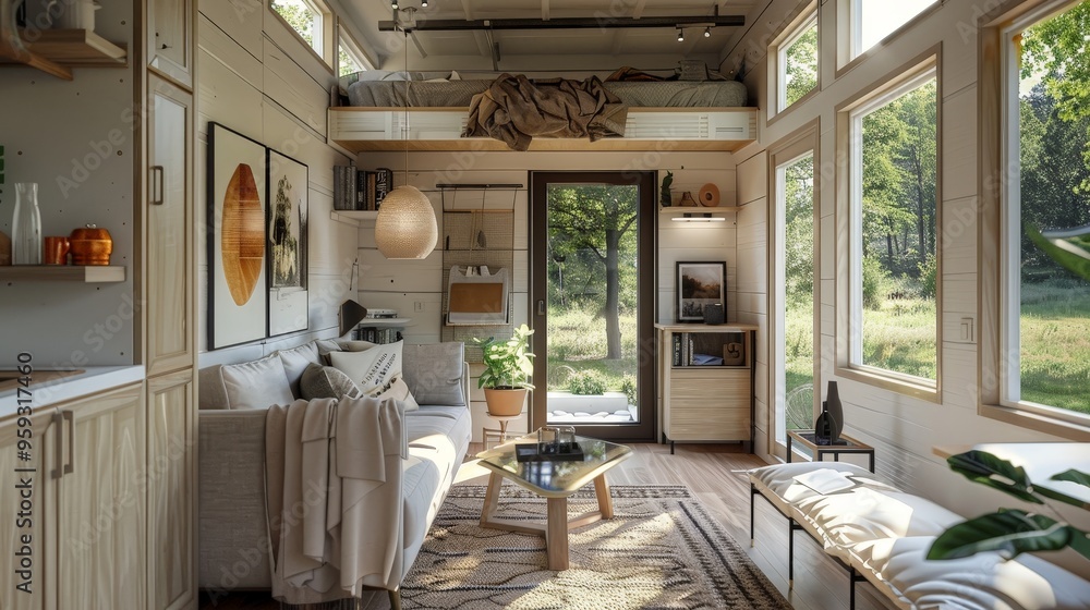 Poster a 3d visual of a tiny house with smart space-saving solutions and modern decor.