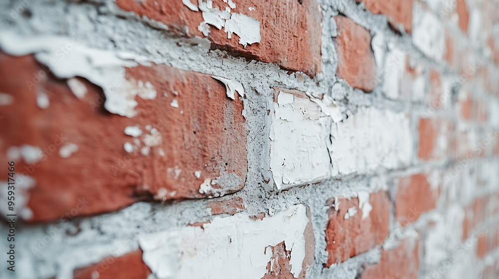 Poster a brick wall with white paint peeling off the wall is red and brown in color the wall has a rough te