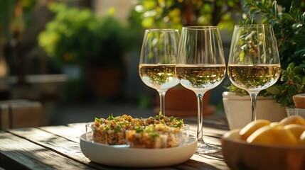 close up of 3 white wine glass and a jug with mix finger food on a wood table and plants background outdoor  natural light : Generative AI