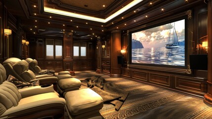 Fototapeta premium A 3D visual of a luxury home theater room with comfortable seating and a large screen.
