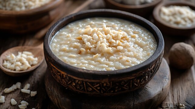 Daliya kheer or Dalia Payasam  Broken or Cracked wheat and milk porridge with sugar cooked in Indian way Dalia is a popular breakfast cereal in North India : Generative AI