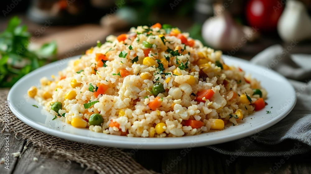 Wall mural cauliflower fried ricestir fried cauliflower rice with eggs carrot bean and corn in white platehealt