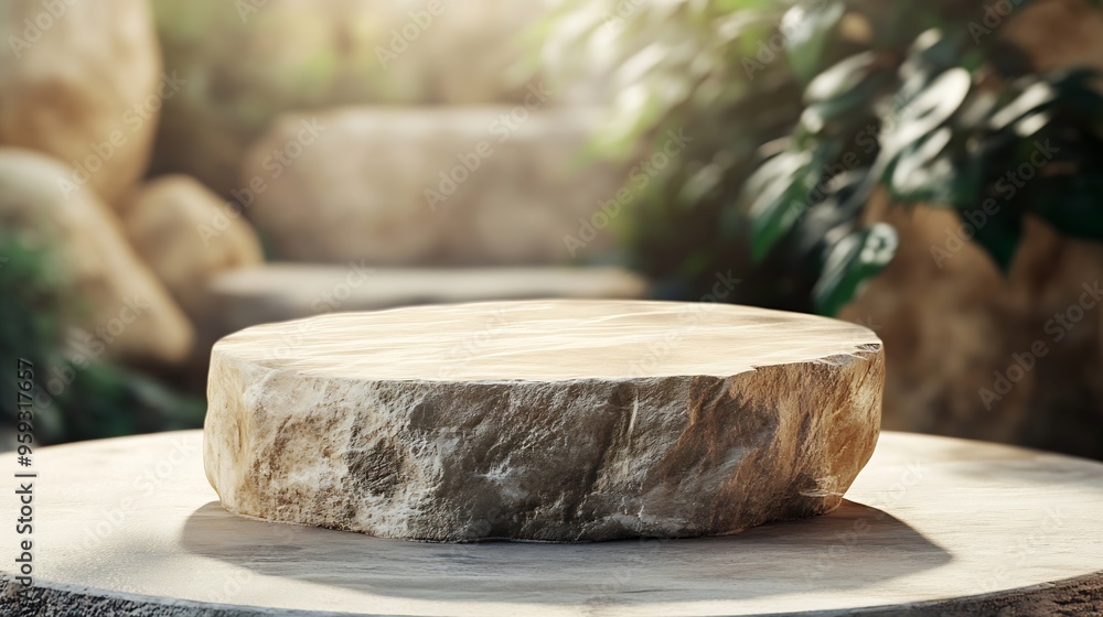 Poster beige concept product display podium rock stone with blurred background with sunlight shadow : gener