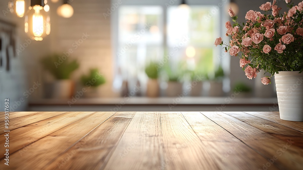 Poster table with blurred background in a scandinavian kitchen setting designed for advertising home kitche