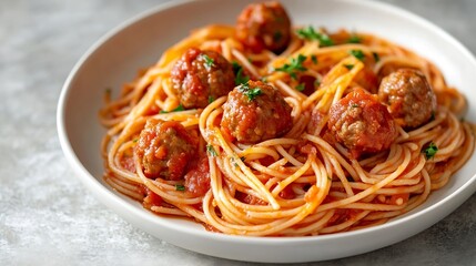 Pasta spaghetti with meat ball in tomato sauce on a plate over light grey slate stone or concrete background Top view with copy space : Generative AI